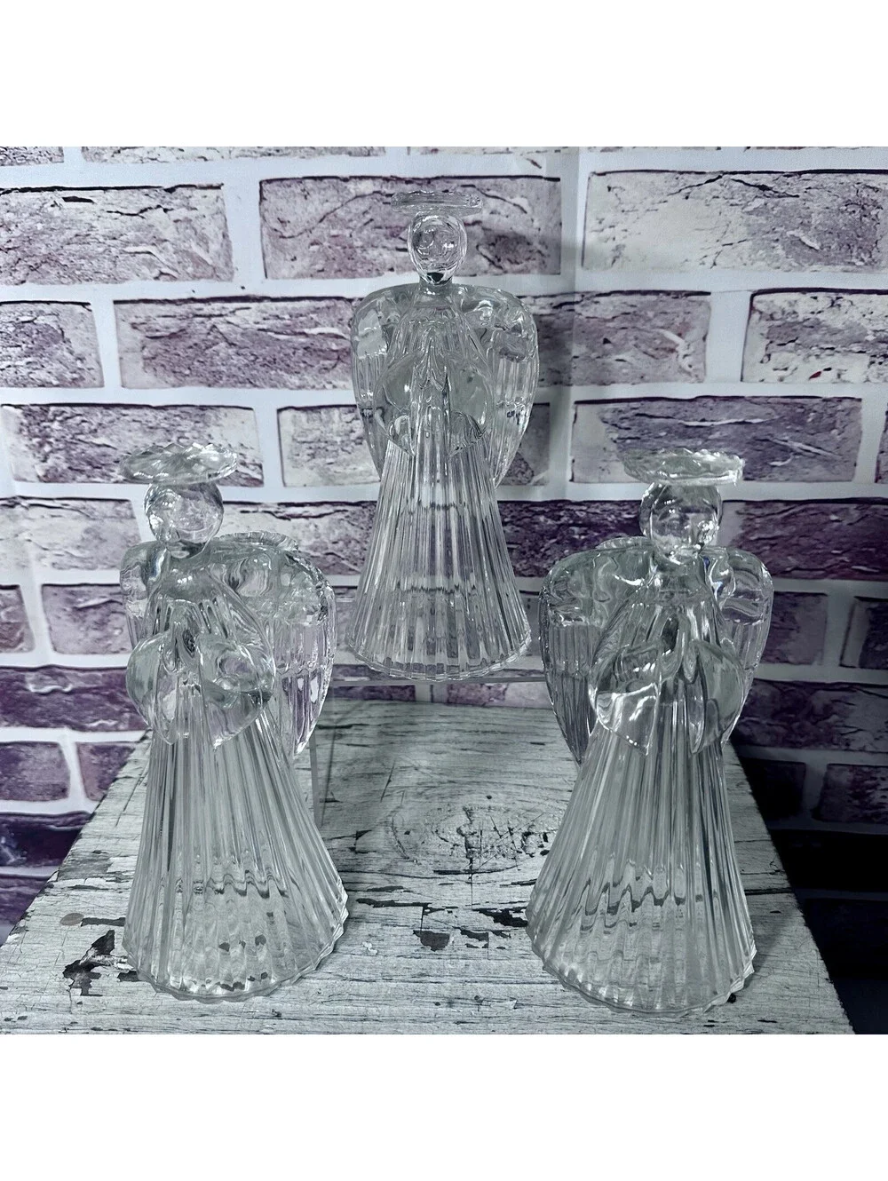 Vintage Avon 24%  Lead Crystal Glass Praying Angels Candle Holders Set of 3